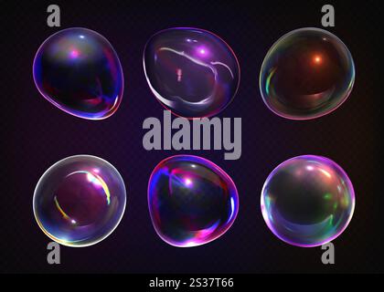 Realistische 3D-Glaskugeln mit schillerndem Seifenblaseneffekt. Sammlung transparenter Kugeln mit Regenbogenreflexionen, Lichtbrechungen und leuchtenden Highlights auf dunklem Hintergrund. Stock Vektor