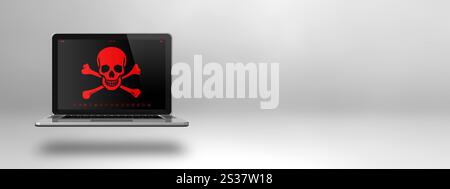 Laptop mit Piratensymbol auf dem Bildschirm. Hacking und Virenkonzept. 3D-Illustration isoliert auf weißem Hintergrund. Horizontales Banner. Laptop mit Stockfoto
