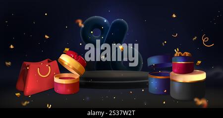 Black Friday Werbeszene mit luxuriösem Podium. 3D rote Einkaufstasche, elegante zylindrische Geschenkboxen mit goldenen Elementen, Prozentzeichen und schwebenden Konfetti-Streamern. Stock Vektor