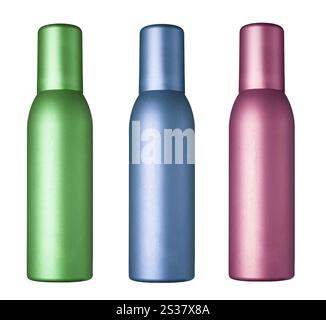 Rendering einer metallischen Sprühflasche auf weißem Hintergrund. Rendering einer metallischen Sprühflasche über weiß Stockfoto