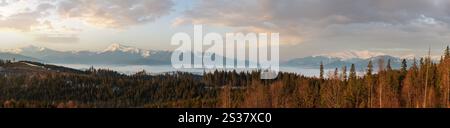 Frühjahrsdämmerung Karpaten-Berglandschaft mit schneebedeckten Bergrücken in Far, Ukraine. Von links nach rechts - Hoverla, Petros, Blyznycja. Stockfoto
