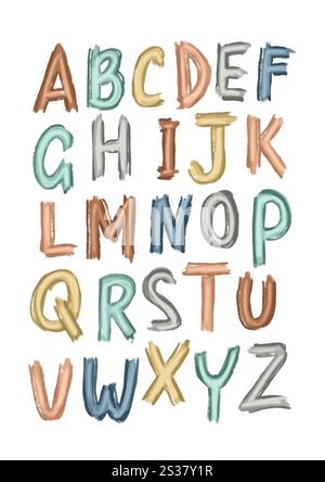 ABC-Alphabet-Poster-Design mit mehrfarbigen erhabenen Buchstaben isoliert auf weißem Hintergrund in modernem flachen Stil. Stock Vektor