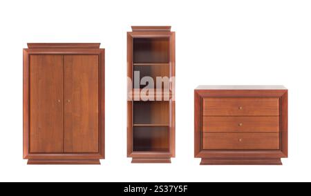 Bücherregal mit Holzschrank isoliert auf weißem Hintergrund. Bücherregal mit Holzschrank Stockfoto