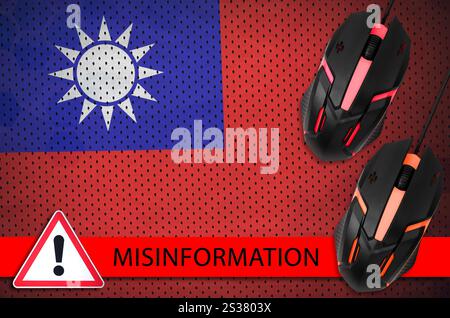 Taiwan-Flagge und zwei Computermäuse. Fehlinformationen während des Coronavirus oder des pandemischen 2019-nCoV-Virus-Konzepts. Taiwan-Flagge und zwei Computermäuse. Stockfoto