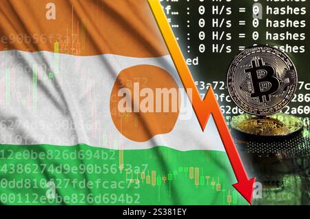Niger-Flagge und fallender roter Pfeil auf Bitcoin-Mining-Bildschirm und zwei physische goldene Bitcoins. Konzept der niedrigen Konvertierung im Kryptowährungs-Mining. Niger Stockfoto