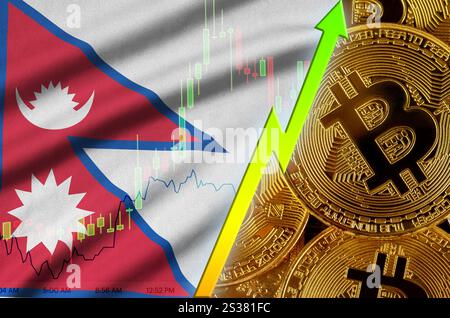 Nepal Fahne und cryptocurrency Trend mit vielen goldenen Bitcoins. Konzept des Anhebens Bitcoin im Preis oder hohe Umwandlung in cryptocurrency Minin Stockfoto