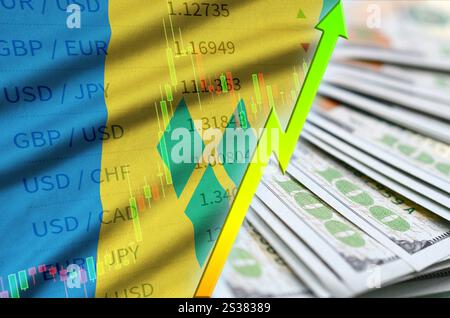 Saint Vincent und die Grenadinen fahnen und zeichnen die wachsende Position des US-Dollars mit einem Fan von Dollarscheinen aus. Konzept der Wertsteigerung des US-Dollars Stockfoto