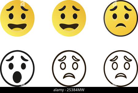 Set ausdrucksstarker Emoji-Gesichter mit verschiedenen Emotionen im minimalistischen Line-Art-Stil, perfekt für digitale Designs und Apps Stock Vektor