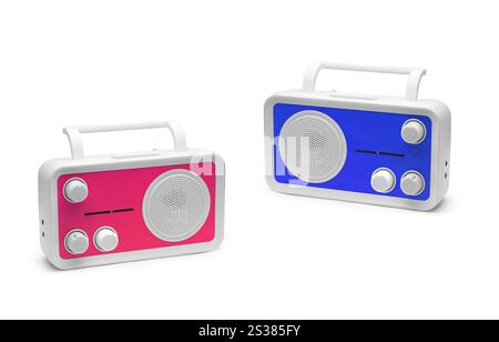 Rosa und Blau altmodisches Radio isoliert auf weißem Hintergrund. Pink und Blau altmodisches Radio Stockfoto