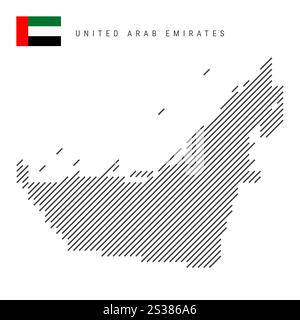 Karte der Vereinigten Arabischen Emirate nach Muster schwarzer geneigter paralleler Linien. Illustration des flachen Vektors isoliert auf weiß Stock Vektor