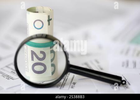 Polnisches Zloty-Geld und Lupe auf großen Mengen polnischer Steuerformulare aus nächster Nähe. Buchhaltung, Bürokratie und Steuerzahler in Polen. Polnisch Stockfoto