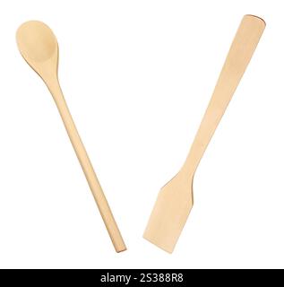 Set aus Küchengeräten aus Holz isoliert auf dem weiß. Set aus Küchengeräten aus Holz Stockfoto