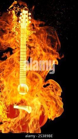 Brennende elektrische Gitarre auf schwarzem Hintergrund isoliert. Brennende elektrische Gitarre Stockfoto