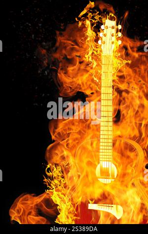 Brennende elektrische Gitarre auf schwarzem Hintergrund isoliert. Brennende elektrische Gitarre Stockfoto