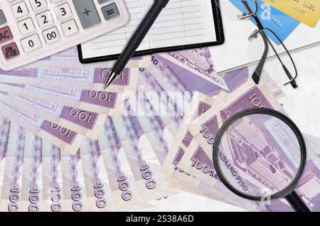 100 philippinische Piso-Rechnungen und Taschenrechner mit Brille und Stift. Steuerzahlungssaisonkonzept oder Investitionslösungen. Job mit hohem Gehalt wird gesucht Stockfoto