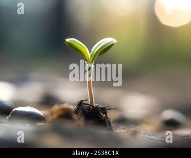 Eine kleine grüne Pflanze bricht durch den Boden, taucht auf und wächst nach oben in Richtung Sonnenlicht in ihrer natürlichen Umgebung. Die Anlage zeigt si Stockfoto