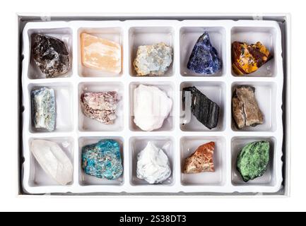 Draufsicht auf natürliche Rohsteine für die geologische Sammlung in offener Box mit Zellen isoliert auf weißem Hintergrund Stockfoto