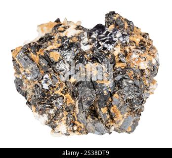 Nahaufnahme einer Probe von Naturstein aus der geologischen Sammlung - Sphalerit- und galena-Mineralien auf rohem Barytengestein isoliert auf weißem Hintergrund von Stockfoto