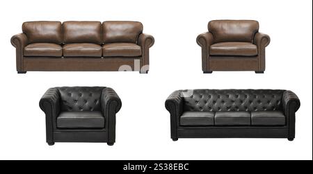 Schönes und luxuriöses Ledersofa mit Sessel isoliert auf weißem Hintergrund. Schönes und luxuriöses Ledersofa mit Sessel Stockfoto