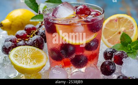 Auf einem Holztisch steht ein Glas mit prickelnden Eiswürfeln und leuchtenden Fruchtscheiben. Das kalte Kondenswasser tropft an den Seiten ab Stockfoto