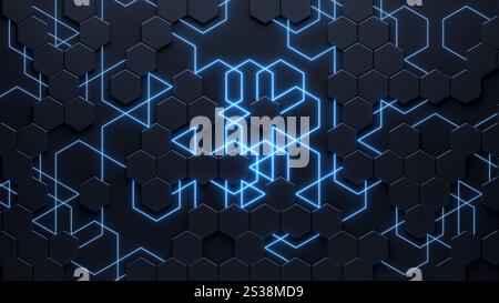 Abstrakter blauer futuristischer Hintergrund mit sechseckigem Muster mit Lichtstrahlen. 3D-Rendering. Stockfoto
