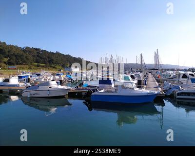 Verschiedene Boote sind am Yachthafen festgebunden und ruhen in den ruhigen Gewässern aus, während sie auf ihre nächste Reise warten. Stockfoto