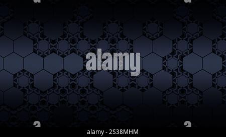 Abstrakter schwarzer Hintergrund mit futuristischem Hintergrund mit sechseckigem Muster. 3D-Rendering. Stockfoto
