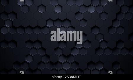 Abstrakter schwarzer Hintergrund mit futuristischem Hintergrund mit sechseckigem Muster. 3D-Rendering. Stockfoto