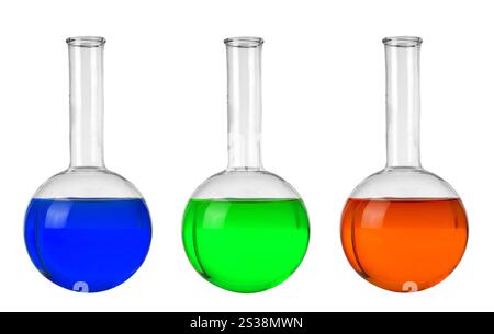 Chemische Laborkolben mit roter, blauer und grüner Flüssigkeit Stockfoto