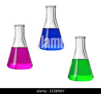 Laborkolben mit rosafarbener, blauer und grüner Flüssigkeit Stockfoto