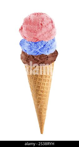 Drei Eislöffel mit verschiedenen Geschmacksrichtungen, isoliert auf weißem Hintergrund. Drei Eislöffel mit verschiedenen Geschmacksrichtungen Stockfoto