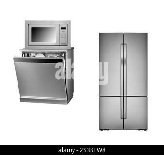 Kühlschrank, Ofen und Geschirrspüler isoliert auf weißem Hintergrund. Kühlschrank, Ofen und Geschirrspüler Stockfoto