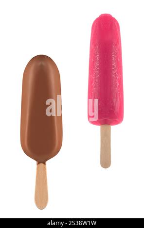 Erdbeereis und Eis bedeckt mit Schokolade isoliert Stockfoto