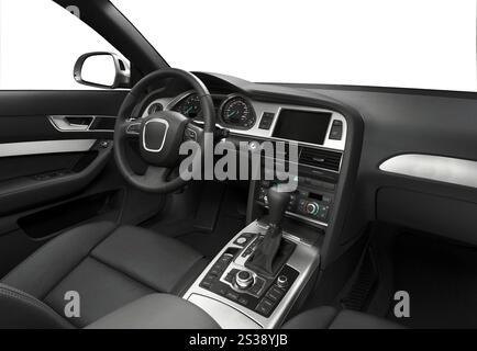 Elegantes Design eines modernen Fahrzeugs, Fahrerseite und Armaturenbrett. Moderner Luxus-Innenraum mit Ledersitzen Stockfoto