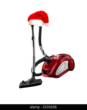 Staubsauger mit weihnachtsmütze isoliert auf weißem Hintergrund. Staubsauger mit weihnachtsmütze Stockfoto