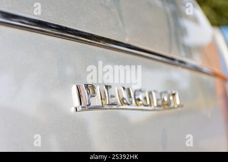 Chrom-Peugeot-Emblem auf einem grauen Auto. Stockfoto