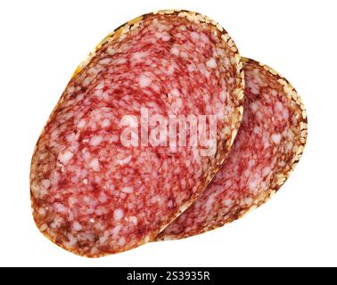 Scheiben Salami isoliert auf weißem Stockfoto