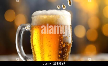 Ein Glas, das mit Bier gefüllt wird, während das Getränk hineingießt, um die Bewegung und den Moment des Konsums festzuhalten. Stockfoto