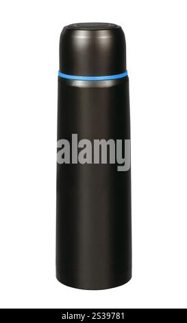 Schwarzes Thermos isoliert auf weißem Hintergrund Stockfoto