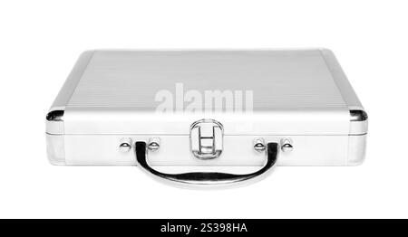 Der silberne kurze Fall isoliert auf weißem Hintergrund. Der silberne Kurzkoffer Stockfoto