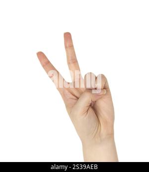 Hand mit zwei Fingern nach oben im Friedens- oder Siegessymbol. Auch das Zeichen für den Buchstaben V in Gebärdensprache. Isoliert auf weiß. Hand mit zwei Fingern nach oben Stockfoto