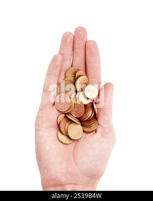 Münzen in der Hand isoliert auf weißem Hintergrund. Münzen in der Hand Stockfoto