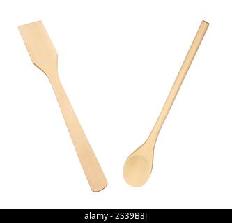 Set aus Küchengeräten aus Holz isoliert auf dem weiß. Set aus Küchengeräten aus Holz Stockfoto