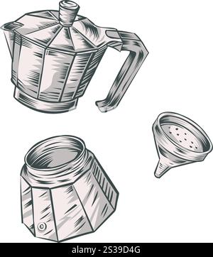Italienischer Moka-Zeichentrick in Elemente zerlegt, traditioneller Espresso handgezeichnet. Vektorabbildung Stock Vektor