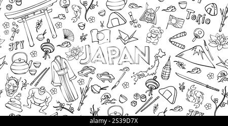Japan kritzele Skizzenelemente. Symbole von Japan. Vektorbanner Stock Vektor