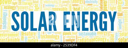 Solar Energy Wortwolke konzeptionelles Design isoliert auf weißem Hintergrund. Stock Vektor