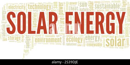 Solar Energy Wortwolke konzeptionelles Design isoliert auf weißem Hintergrund. Stock Vektor