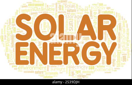 Solar Energy Wortwolke konzeptionelles Design isoliert auf weißem Hintergrund. Stock Vektor