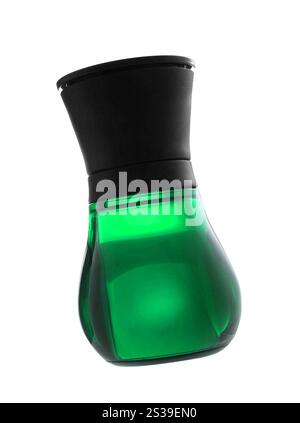 Grüne Flasche Parfüm. Violette Flasche Parfüm Stockfoto