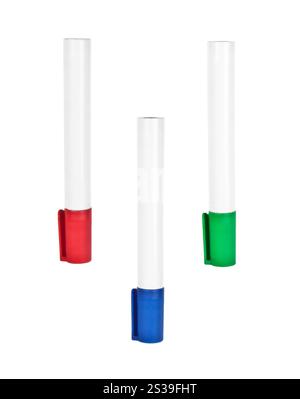 Drei Markierstifte für Textmarker isoliert auf weißem Hintergrund. Drei Textmarker, isoliert auf weiß Stockfoto